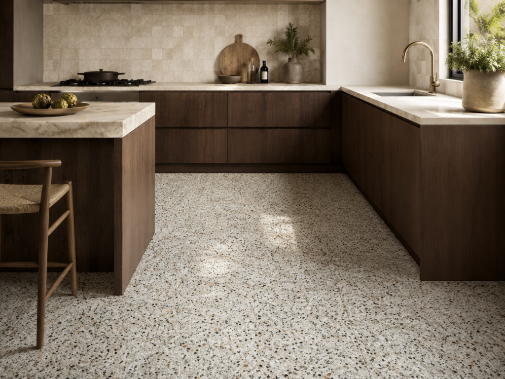 Keukentegel terrazzo vloer in een moderne keuken met houten kasten en natuurlijke materialen